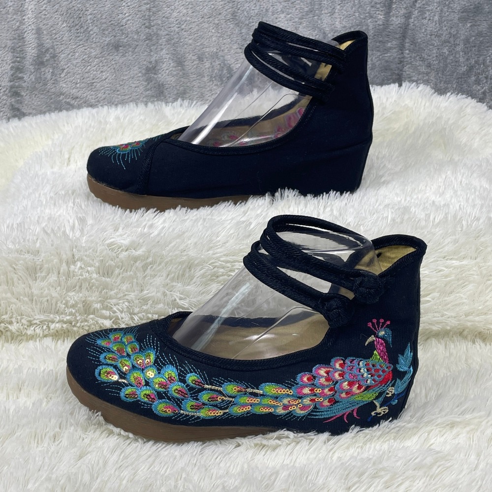 Unbranded Peacock Embroidered Wedges Womens 8.5 Black Good Canvas Boho Strappy